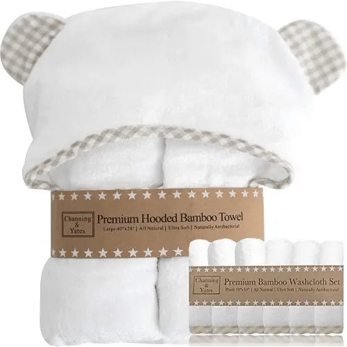 Channing & Yates - Premium Boutique Hooded Baby Towels and 6 Washcloth Gift Set - Organic Viscose Made from Bamboo Baby Towel with Hood Gift Bundle (Beige Set)