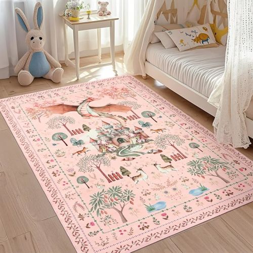 nesrt Washable Living Room Area Rugs 5x7ft Pink, Dragon Animal Print Bedroom Rugs Non Slip, Soft Botanical Forest Nursey Playroom Floor Carpets for Dining Room Farmhouse Study Home Office Decor
