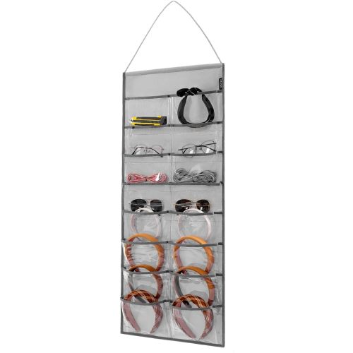 ANZORG Wall Hanging Headband Organizer Ribbon Hair Hoops Storage Hairbands Hair Accessory Holder with Clear Pockets (GREY-16 POCKETS)