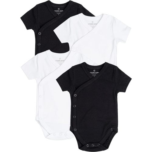 Baby Side Snap Bodysuit Set, 100% Cotton Boy Girl Unisex Kimono Onesie, 4 Pack - 2 Black 2 White - Short Sleeve - 3-6 Months