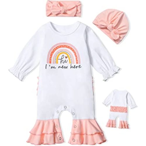 Newborn Girl Clothes Ruffle Letter Print Romper Infant Bell Bottom Jumpsuit Boho Baby Girl Clothes with Headband Hat