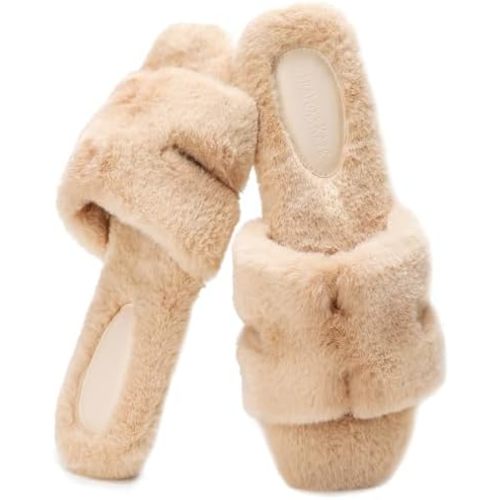 Stratuxx Kaze Womens Fur Slippers Comfy House Slides Sandals Open Toe Memory Foam Indoor Fluffy Slippers for Women Birthday Gift for Mom