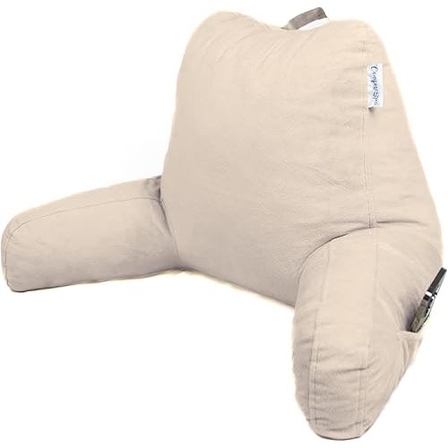 ComfortSpa Reading Pillow for Bed Adult Size, Back Rest Pillow with Arms, Pockets, Washable Cover; Use as Back Pillow for Bed Sitting Up for Bedrest or Relief from GERD Heartburn (Large Cream)
