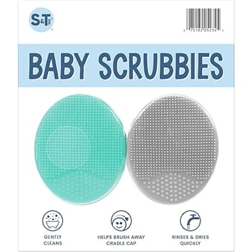 S&T INC. Exfoliating and Massaging Cradle Cap Bath Brushes for Baby, Silicone - 2 Inch x 2.5 Inch, Grey and Teal, 2 Pack