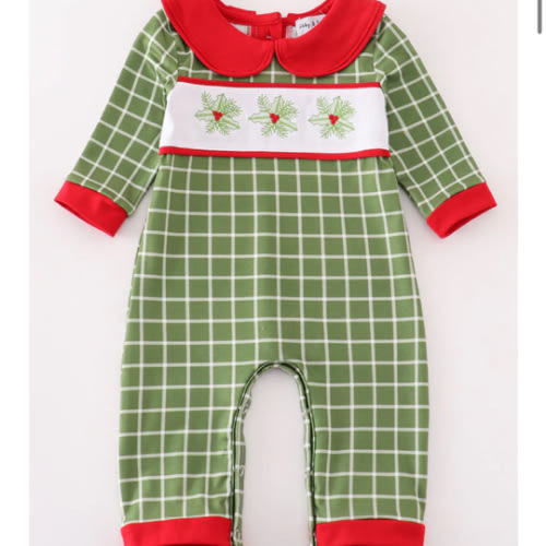 Green christmas holly embroidery boy romper – HoneyBean