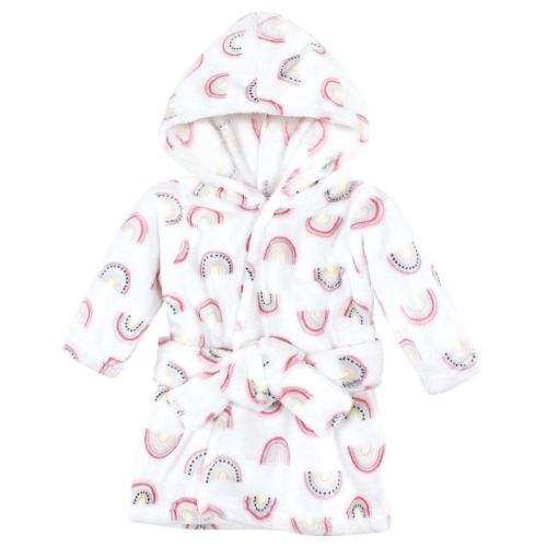 Hudson Baby Infant Girl Plush Animal Face Bathrobe, Modern Rainbow, 0-9 Months