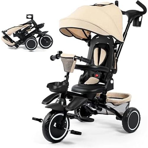 8 in 1 Kids Tricycle, Folding Toddler Tricycle w/Reversible Seat, Adjustable Push Rod & Canopy, Baby Trike Toddler Bike w/Bell, 5-Point Harness, Extra Storage, Cup Holder, Khaki
