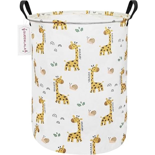 QUEENLALA Large Storage Basket,Laundry Hamper/Bathroom/Home Decor/Collapsible Round Storage Bin,Boys and Girls Hamper/Boxes/Clothing(Round-Yellow Giraffe)