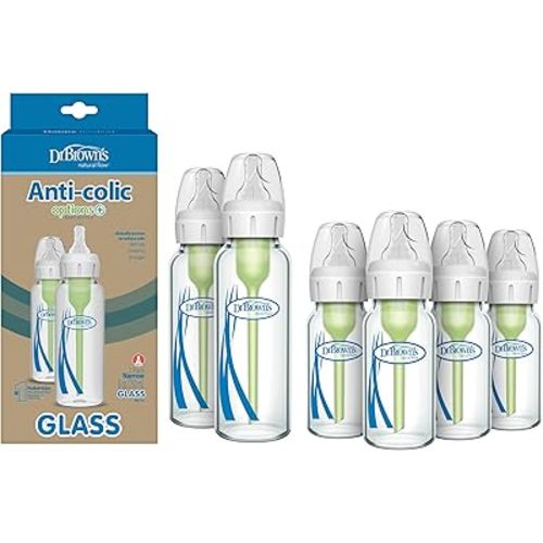 Dr. Brown's Natural Flow Anti-Colic Options+ Narrow Glass Baby Bottles, 4 oz 4-Pack & 8 oz 2-Pack, with Level 1 Slow Flow Nipples, Anti-Colic Vent System, BPA Free, Dishwasher Safe, 0m+