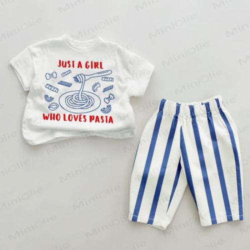 JUST A GIRL WHO LOVES PASTA Baby Blue Vertical Striped 2-piece Set