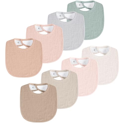 Coreeky 8 Pack Muslin Baby Bibs for Boys Girls, Soft Cotton Baby Bibs for Drooling and Teething, Absorbent & Adjustable Drool Bibs for Infant Newborn