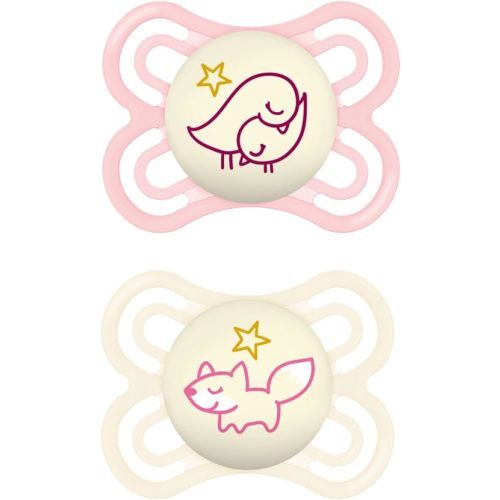 MAM Perfect Night Baby Pacifier, Patented Nipple, Glows in the Dark, 0-6 Months, Girl, 2 Count (Pack of 1)