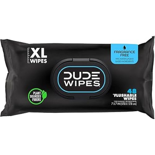 DUDE Wipes Flushable Wet Wipes 48 Count Dispenser, Unscented Wet Wipes with Vitamin-E & Aloe, Septic and Sewer Safe