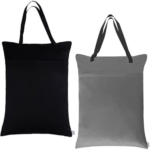 ALVABABY 2 Pack Large Wet Dry Bag Waterproof Hanging Cloth Diaper with Double Zippered Pockets 25x18 inches (Black and grey)