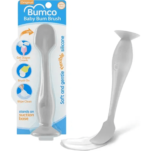 Bumco Baby Bum Brush - BPA-Free Diaper Cream Spatula with Suction Cup Base, Soft & Flexible Silicone, Wipe-Clean, Mom-Invented Diaper Bag Essentials (Gray)