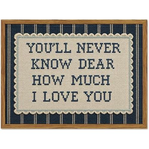 Framed You'll Never Know Dear How Much I Love You Wall Art, Vintage Nursery Blue Striped Pictures Wall Decor, Inspirational Quote Paintings Canvas Prints for Baby Boy Bedroom Living Room 12x16 inch