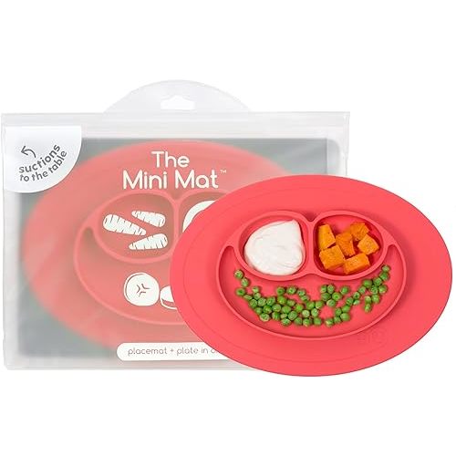 ezpz Mini Mat for 12 Months+ (Coral) - 100% Silicone Placemat + Plate with Suction for Infants + Toddlers - Supports Baby-Led Weaning - for Highchair, Dining Table and Travel