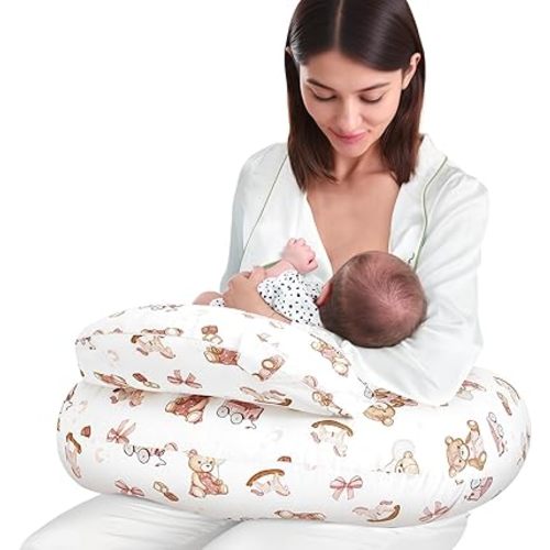 AMASKY Nursing Pillow for Breastfeeding and Bottle Feeding, Ergonomic Support for Mom and Baby, Removable Washable Cover, Pink Bear Pattern, Pallet of Product