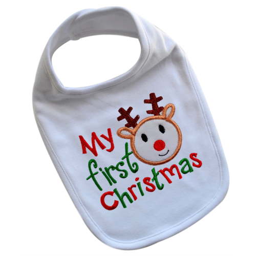 My First Christmas Embroidered Reindeer Holiday Baby Bib - 100% Cotton