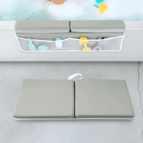 PandaEar Baby Bath Kneeler & Elbow Rest Pad, Comfortable Non-Slip Kneeling Mat Cushion with Toy Organizer Storage Pockets, Foldable Foam Mat for Toddler Bathroom Bathing Time