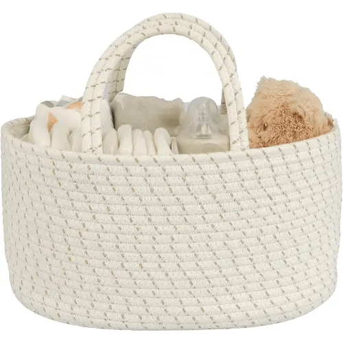Diaper Caddy Organizer Cotton Rope Baby Basket Nursery Storage and Portable Tote Bag for Car Ideal Baby Shower Gifts and Registry Must-Have for Newborn Essentials striped