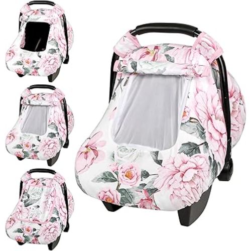 Pea Pod Car Seat Cover for Baby Girls, Floral Infant Car Seat Canopy Cover for Newborn, with 2 Layers Windows of Breathable Mesh/Fabric, 3D Minky Dot Backing, Ultra Soft & Comfortable
