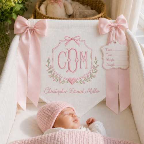 Custom Embroidered Baby Banner - Personalized Monogram Nursery Wall Hanging, Hospital Door Sign with Bow, Soft Canvas Baby Shower Gift