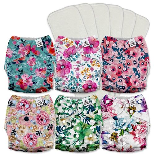 Mama Koala 3.0 Pocket Cloth Diapers for Babies with AWJ Lining, 6 Pack with 6 5-Layer Natural Cloth Diaper Inserts - Reusable and Washable Pocket Diapers(A-Bloomin' Lovely)