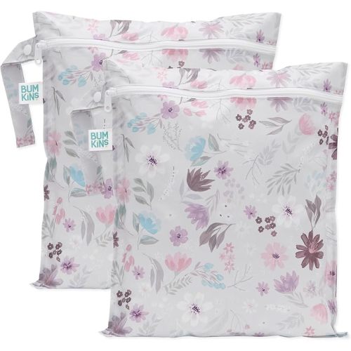 Bumkins - Waterproof Wet Bag - For Baby, Travel, Swim Suit, Cloth Diapers, Pump Parts, Pool, Gym, Toiletry, Strap to Stroller - Reusable & Easy to Clean - 2pk - Floral Gray