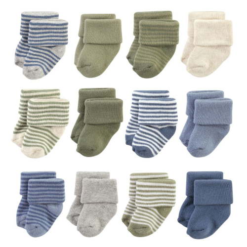 Hudson Baby Boy's Cotton Rich, Soft and Comfortable Terry Socks, Blue Sage Stripe, 0-6 Months