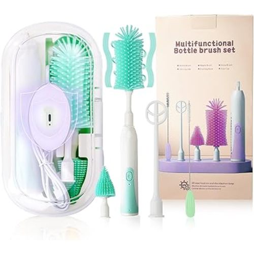 Electric Bottle Brush,Electric Baby Bottle Brush Set with Silicone Bottle/Pacifier/Straw Brush and Mixing Head, Water Bottle Cleaner Brush with Drying Rack, 2 Modes & 360° Rotation (Green)