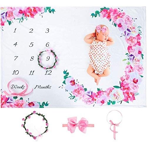 Enfant Style Baby Monthly Milestone Blanket for Girls, Floral Photography Backdrop Photo Props for Newborn Girl and New Moms, Large Soft Premium Plush Fleece Personalized Memory Blankets