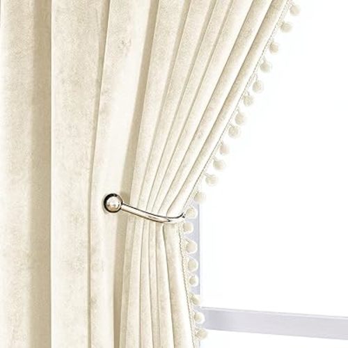 VANASEE Pompom Velvet Curtains for Bedroom Rod Pocket 52x96 inch Soft Blackout Window Curtains Room Darkening Drape Light Blocking for Living Room 2 Panels,Ivory