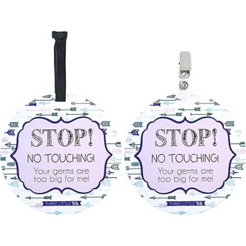 Three Little Tots Two Pack - Blue Arrow No Touching Baby Car Seat and Stroller Signs - CPSIA Safety Tested