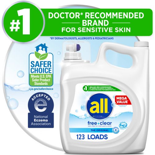 all Free Clear Gentle Washing Liquid Laundry Detergent, Unscented for Sensitive Skin, 123 Loads, 184.5 fl oz
