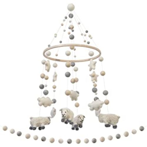 GLACIART ONE Baby Nursery Sheep Mobile for Crib & Felt Garland | Gender Neutral Mobile for Nursery Decor | Felt Hanging Sheep & Stars Room Decorations Handmade from Natural Wool | Great Gift Idea