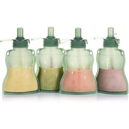 haakaa Baby Food Pouch Refillable Baby Squeeze Silicone Yummy Pouch, Soft Reusable Squeeze Storage Food Pouch for Kids Toddler,Home Made Food Puree,Smoothie Pouch Bag, 4oz, 4 Pack,6m+(Pea Green)