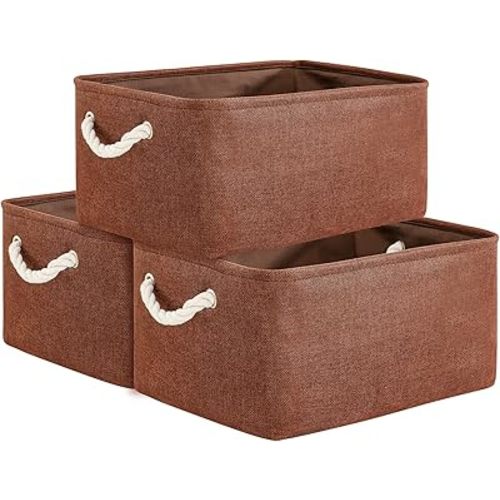 TheWarmHome Decorative Basket Rectangular Fabric Storage Bin Organizer Basket with Handles for Clothes Storage (Brown,Large-3Pack,15.7L*11.8W*8.3H)