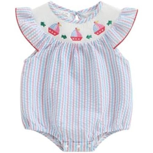 YOKJZJD Newborn Baby Girl Sailboat Fish Smocked Bubble Romper Striped Ruffle Short Sleeve Bodysuit Jumpsuit Summer Outfits