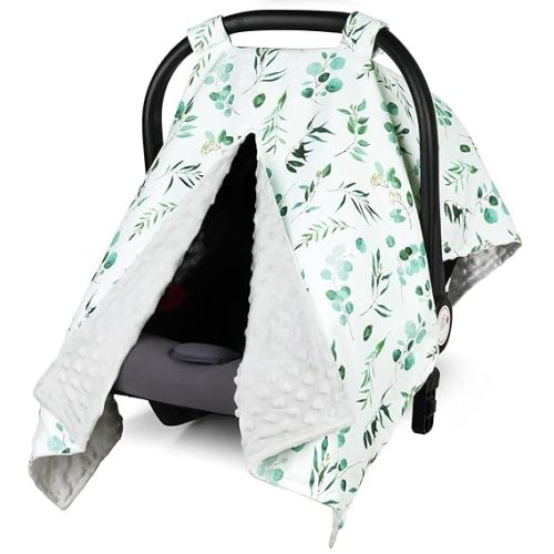 Rquite Car Seat Cover Baby, Carseat Covers Baby Girl, Winter Infant Car Seat Cover, Warm Minky Car Seat Canopy, Baby Carrier Cover with Peekaboo Opening, Multi Use Nursing Cover & Toddler Blanket