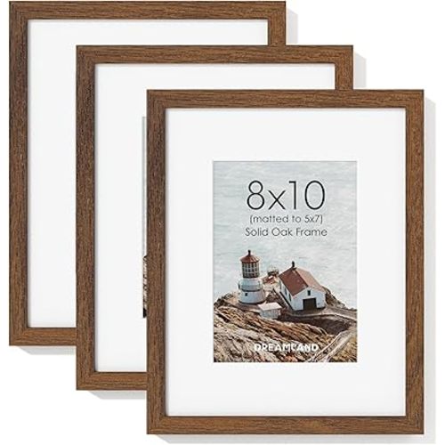 Dreamland 8x10 Picture Frame with Mat for 5x7, USA-Sourced Natural Oak Wood Photo Frames with Resistant Plexiglass, 8 x 10 Wooden Gallery Wall Frames for Art, Wall or Tabletop Display, Walnut (3Pack)