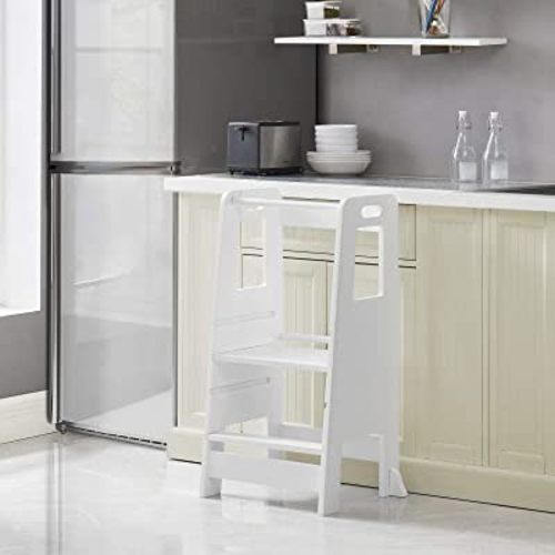 homye Kid's Wooden Kitchen Step Stool, 220lbs Capacity, Adjustable Platform Standing Tower, with Safety Guardrail Child Studying Tower, Toddler Stool for Bathroom, Cooking Helper（White)