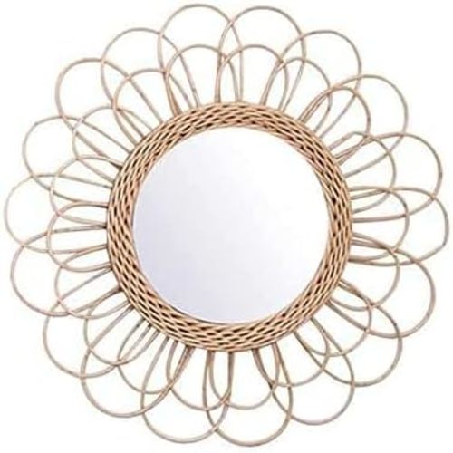 Rattan Sunflower Circular Mirror, Boho Nordic Wicker Wall Mounted Hanging Bathroom Dressing Makeup Creativity Mirrors Decor for Inodoor Home Office Living Room Hallway (15.75inch)