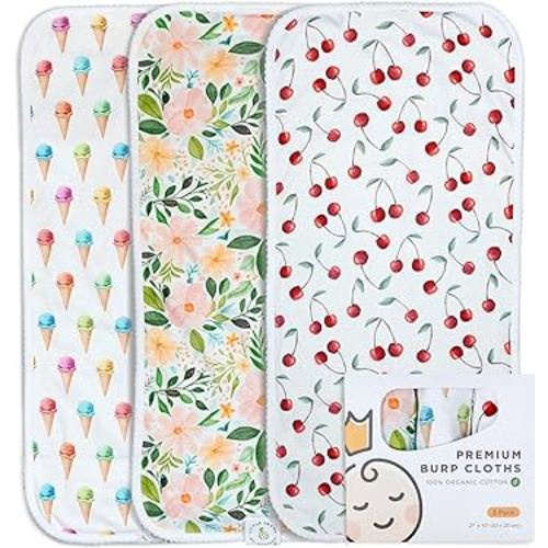 Little Crown Burp Cloths 100% Organic Cotton – 3 Pack Large 21''x10'' – Ultra-Soft and Absorbent – Double Layered Baby Washcloths – Baby Girl Newborn Essentials (Flowers, Cherries and Ice Creams)