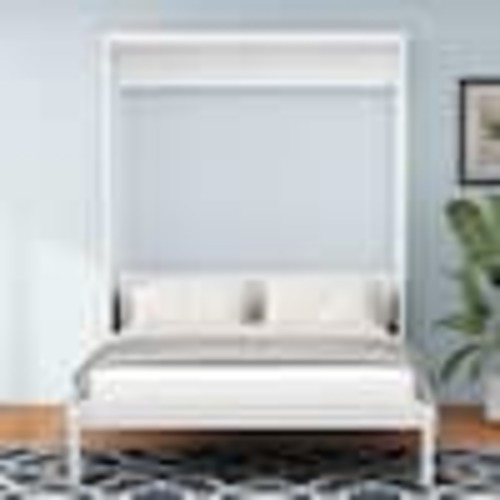 Harper & Bright Designs White Wood Frame Queen Size Murphy Bed, Folding Wall Bed with Desktop YJH076AAC-Q
