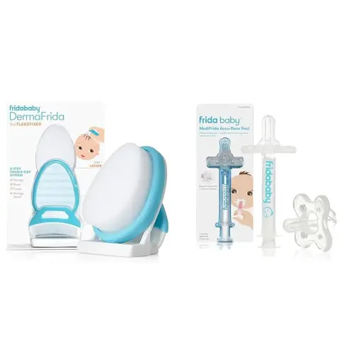 Frida Baby The 3-Step Cradle Cap System, DermaFrida The FlakeFixer, Sponge, Brush, Comb and Storage Stand + Frida Baby Medicine Pacifier, Medicine Syringe & Accu-Dose Pacifier