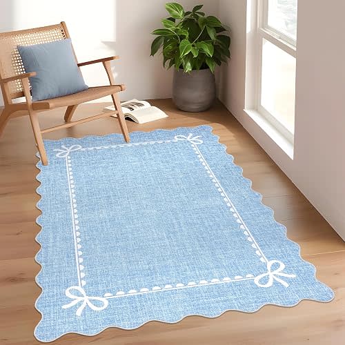 GarveeHome Scalloped Bow Rug for Living Room, Solid Blue Rug for Dorm, Washable Rugs 4x6 Soft Low Pile Non Slip Scalloped Rugs for Nursery Bedroom Decor Hallway Kids Room Playroom