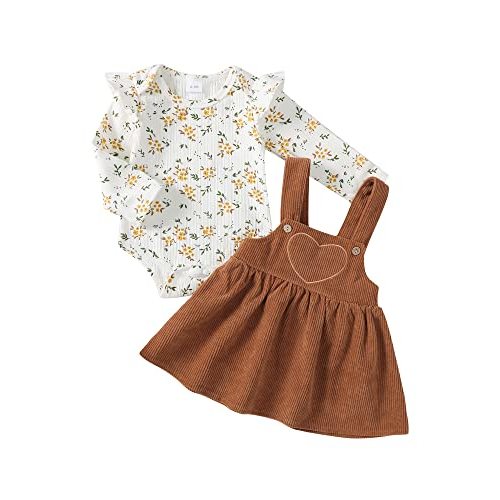 Kucnuzki Newborn Baby Girl Clothes Toddler Long Sleeve Ruffle Romper Top Infant Skirt Set Little Girl Overall Dress