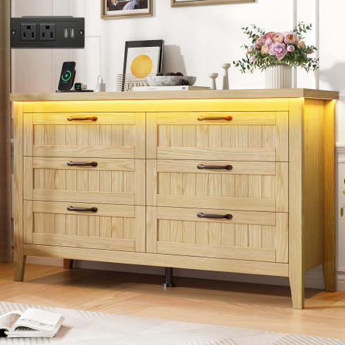 Commode Naturelle pour Chambre, Commode à 6 Tiroirs avec Lumières DEL et Prise de Courant, Commodes de Garde-Robe Commodes à Tiroirs, Doubles Commodes en Bois pour Chambre de Bébé, Entrée, Couloir - Walmart.ca