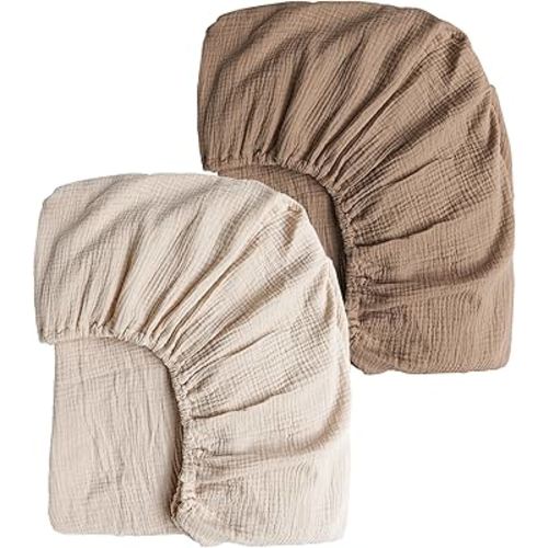 Konssy 2 PCS Muslin Fitted Crib Sheets 100% Cotton Baby Crib Sheets for Standard Crib Mattress (28 X 52 Inches), Soft and Breathable for Boys, Girls(Brown, Cream)